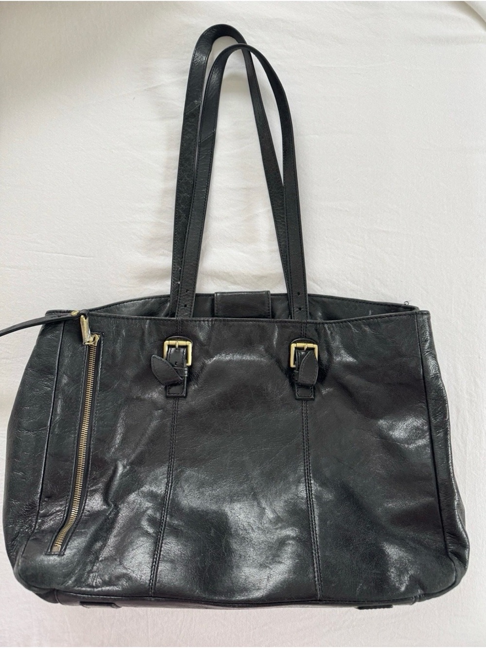 Structured Black Leather Tote with Gold Hardware - Women Bags Totes